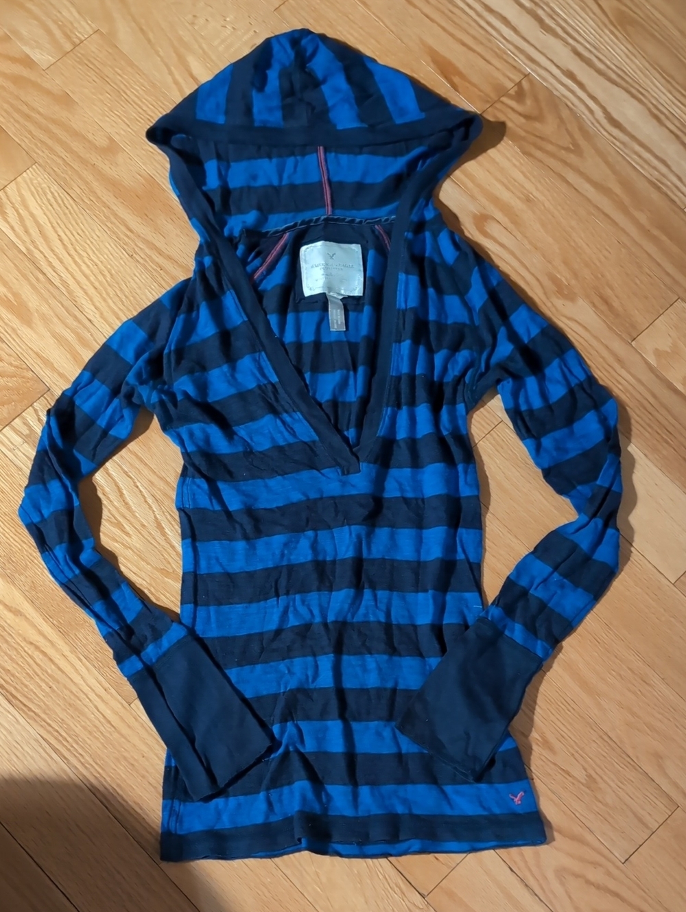 American Eagle Outfitters Blue & Black Striped Hooded Women's Top